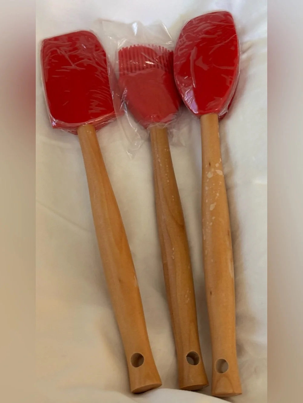 Le Creuset Silicone Spatula Set Red Cherry Wood Handle Kitchen Utensils Set of 3